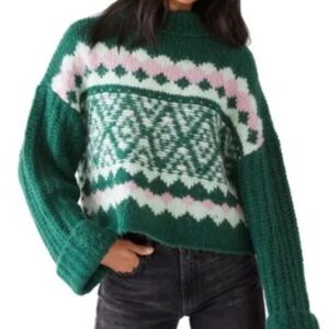 Free People Green and Pink Geometric Sweater
